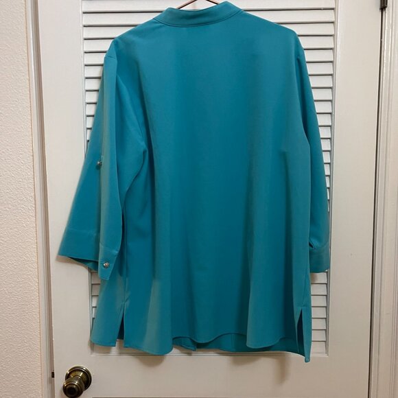 Cathy Che Stretch Teal Mandarin Collar Blouse 14/16W - Picture 3 of 8